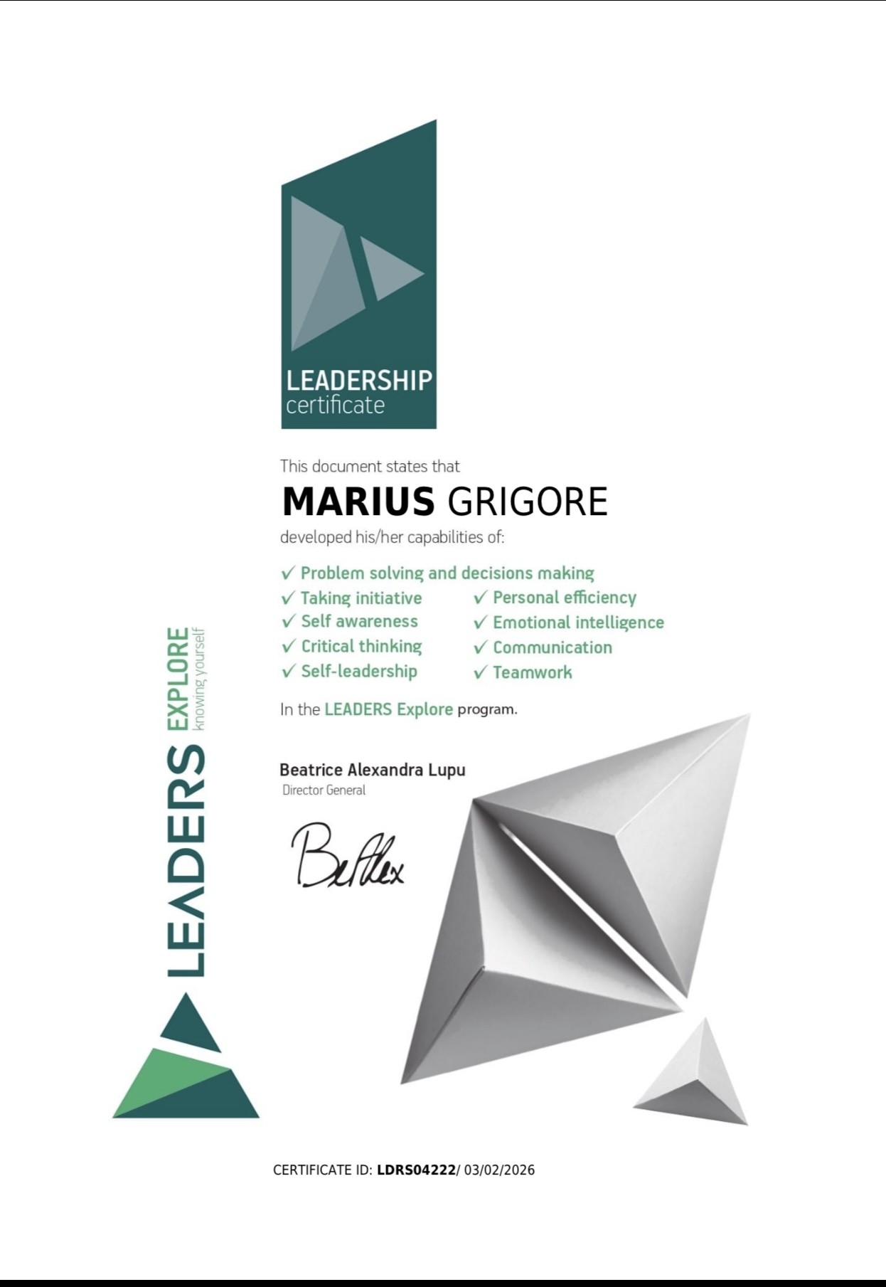 Leadership certificate from the Leaders Explore program awarded to Marius Grigore