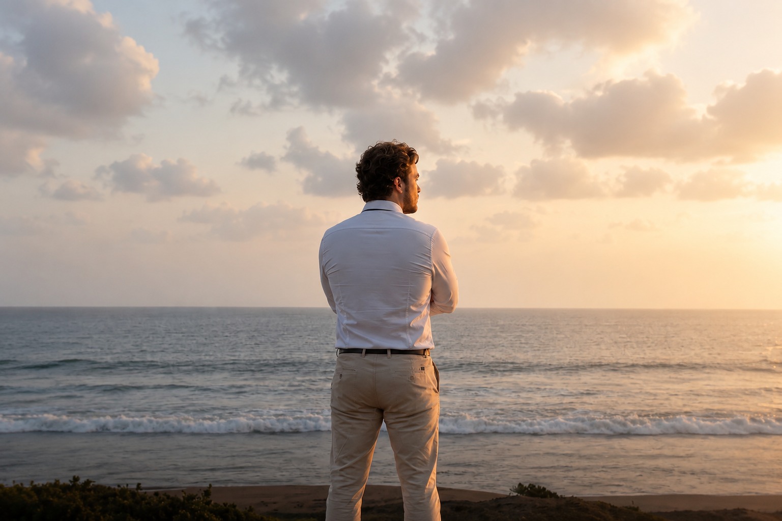 Marius Grigore standing on the shore at sunset, looking out to sea